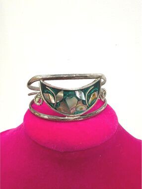 Vintage Silver Tone Cuff Bracelet with Green Abalone Shell Inlay Alpaca Mexico